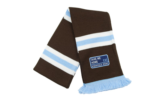 Dark chocolate scarf with navy blue embroidered badge